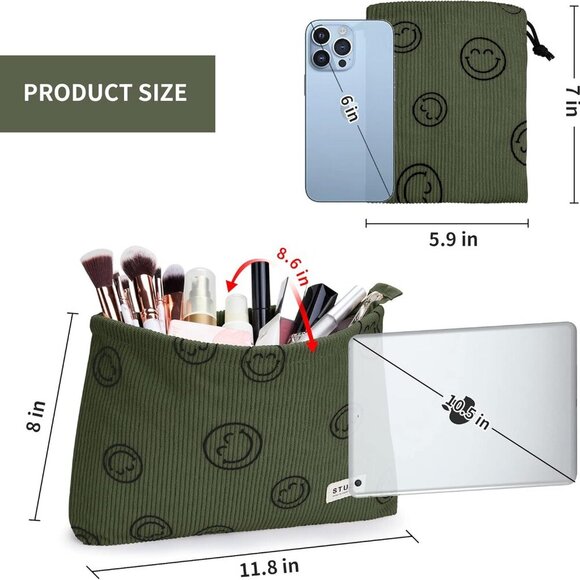 WLLWOO Makeup Bag-2pcs Smile Face Corduroy Cosmetic Bag Zipper Interior Waterpro - Picture 4 of 9